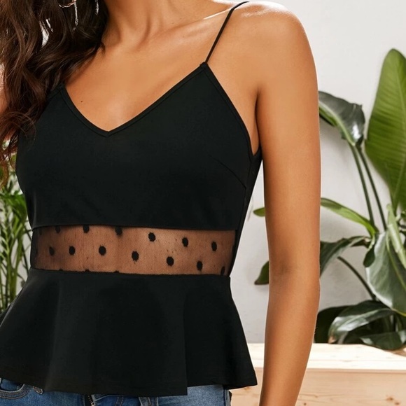 Polka Mesh Insert Peplum Cami Top Sleeveless - Picture 6 of 6